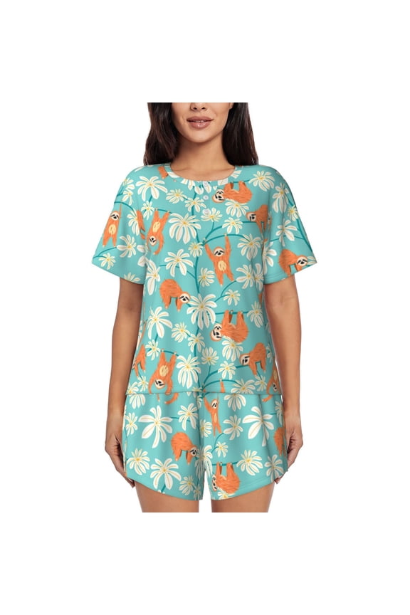 Cute Sloth on Floral Tree Pattern Women's Short-Sleeved Pajama Set - 2 Piece Soft and Lightweight Sleepwear Set-3X-Large