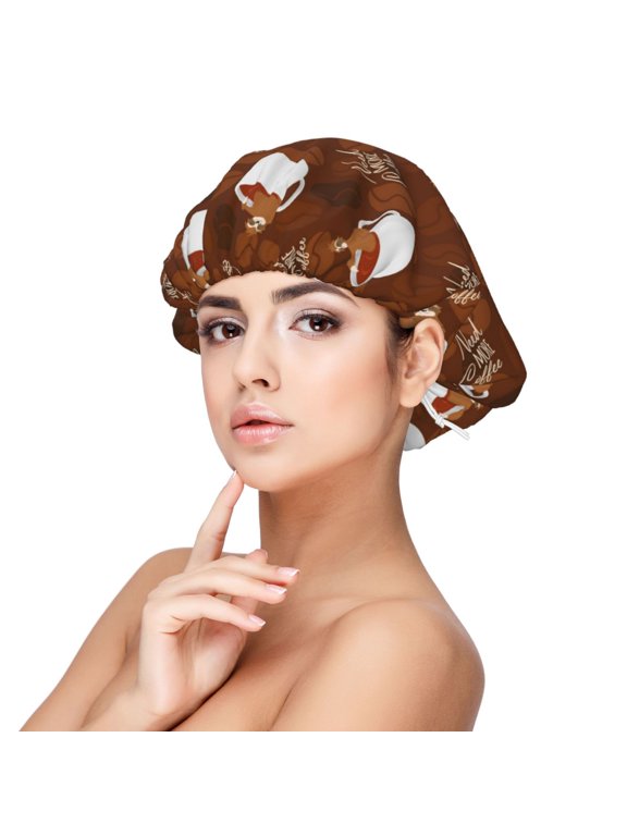 Cute Sloths Bear Relaxing In Coffee Cup Pattern Silk Satin Hair Bonnet for Sleeping, Adjustable Sleep Cap Turban for Women , Curly Straight Hair Long Large Braid