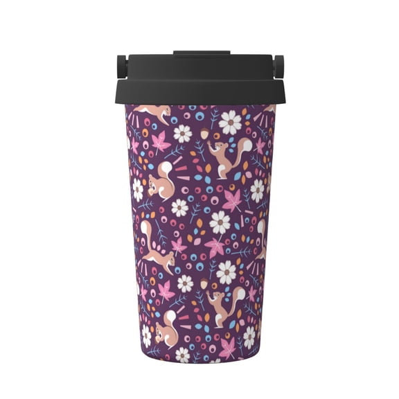 Rateoe Cute Squirrel Floral Pattern Travel Coffee Mug Tumbler with Flip Lid | Reusable Insulated Stainless Steel Cold Brew Iced Coffee Cup Thermos