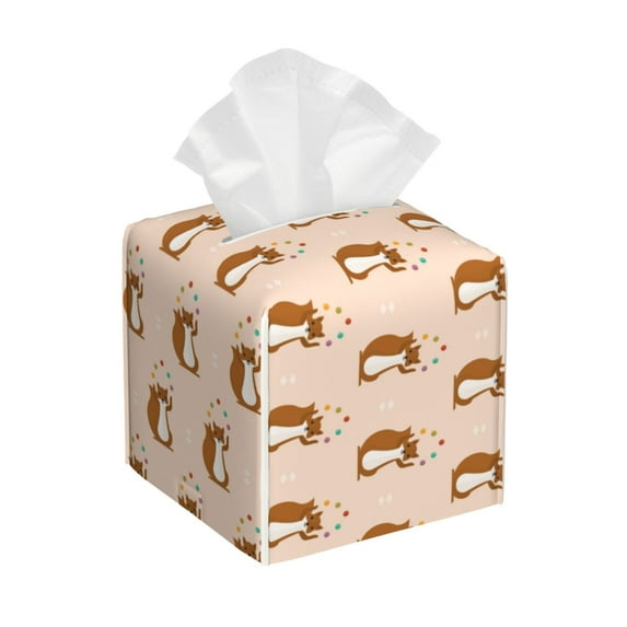 Rateoe Cute Squirrel Pattern Tissue Box Cover, Modern Square Decorative Leather Facial Paper Case Organizer Holder Dispenser 5X5X5''