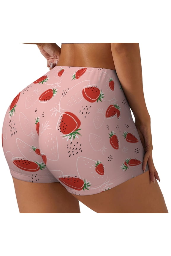 Cute Strawberry C Printed Power Workout Shorts for Women Tummy Control Squat Proof Ribbed Thick Seamless Scrunch Active Short-Medium