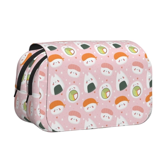 Rateoe Cute Sushi (2) Pattern Double Clamshell Pen Case, Storage Organizer with Two Zipper Compartments Holds Up to 50 Pencils & Pens