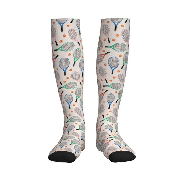 Rateoe Cute Tennis Racket Compression Socks for Women and Men 20-30mmHg-Circulation Support Socks Knee High Nurse Pregnant Running Medical and Travel Athletic