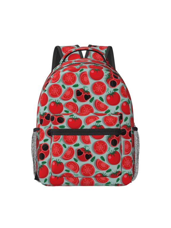 Cute Tomato Pattern Durable Student Backpack Laptop Bag- Ergonomic Design, Waterproof Twill Fabric - Ideal for School, Travel, and Outdoor Activities