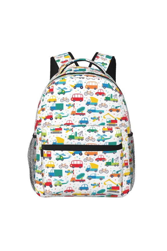 Cute Transport Pattern Casual Backpack for School, Work, Travel Adjustable Straps, Multiple Compartments Ergonomic Design, Fits Laptops and Tablets