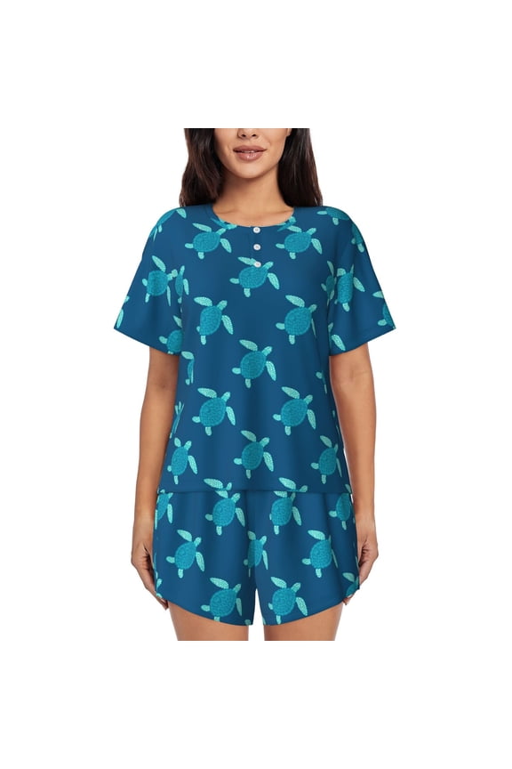 Cute Turtle Pattern Women's Short-Sleeved Pajama Set - 2 Piece Soft and Lightweight Sleepwear Set-Medium