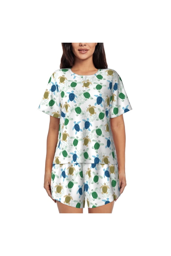 Cute Turtle Pattern Women's Short-Sleeved Pajama Set - 2 Piece Soft and Lightweight Sleepwear Set-Small