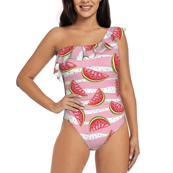 Rateoe Cute Watermelon Pattern Women One Piece Swimsuits Tummy Control One Shoulder Bathing Suits Ruffle Swimwear-X-Large