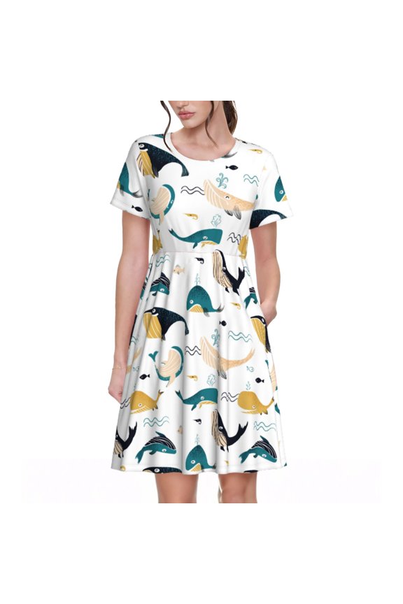 Cute Whale Pattern Women’s Short Sleeve Dress – Casual Elegant Summer A-Line Dress for Everyday Wear