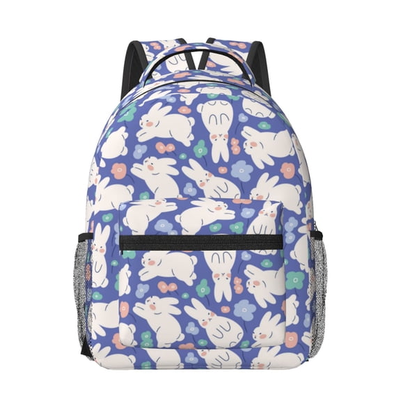 Rateoe Cute White Rabbit Pattern Durable Student Backpack Laptop Bag- Ergonomic Design, Waterproof Twill Fabric - Ideal for School, Travel, and Outdoor Activities