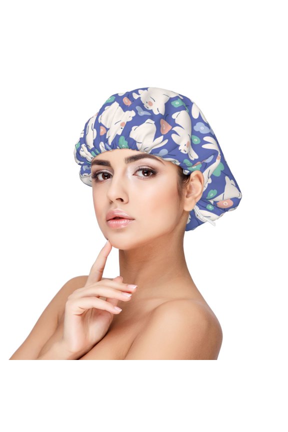 Cute White Rabbit Pattern Silk Satin Hair Bonnet for Sleeping, Adjustable Sleep Cap Turban for Women , Curly Straight Hair Long Large Braid