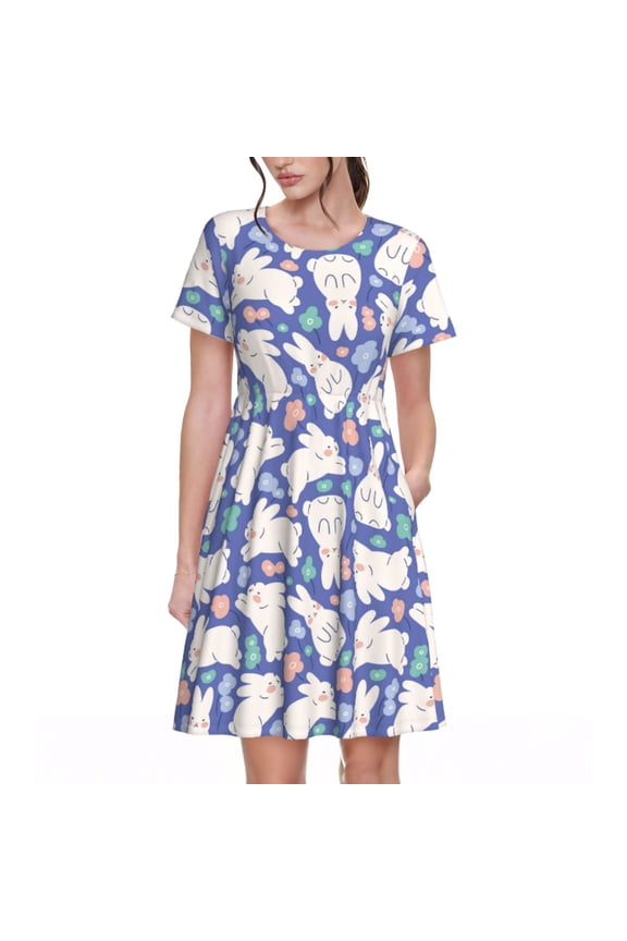 Cute White Rabbit Pattern Women’s Short Sleeve Dress – Casual Elegant Summer A-Line Dress for Everyday Wear