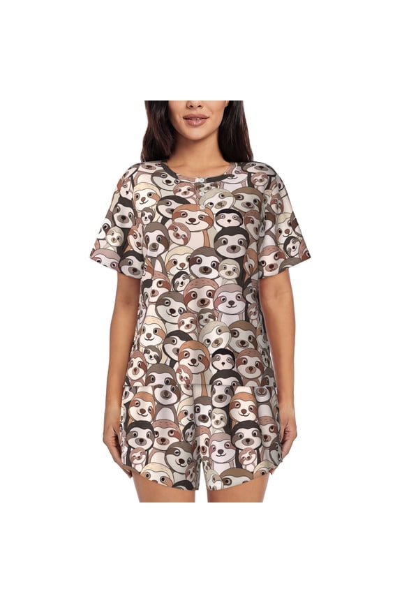 Cute brown sloth monkey Pattern Women's Short-Sleeved Pajama Set - 2 Piece Soft and Lightweight Sleepwear Set-Medium