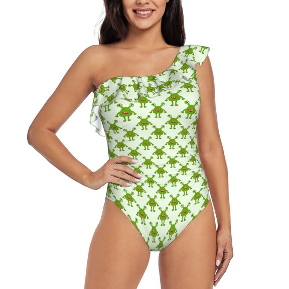 Rateoe Cute green monster Pattern Women One Piece Swimsuits Tummy Control One Shoulder Bathing Suits Ruffle Swimwear-X-Large