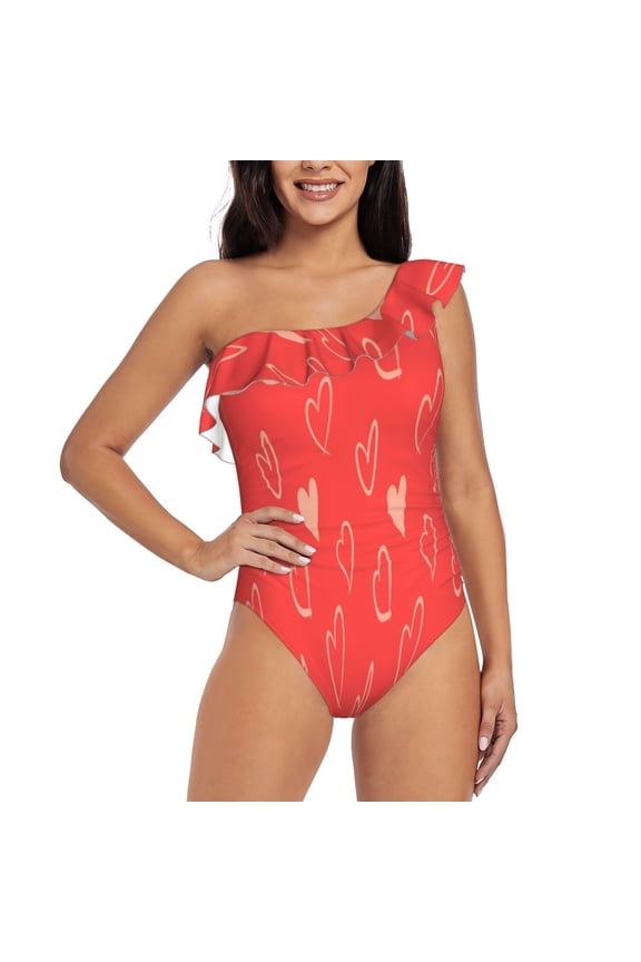 Cute love heart Pattern Women One Piece Swimsuits Tummy Control One Shoulder Bathing Suits Ruffle Swimwear-