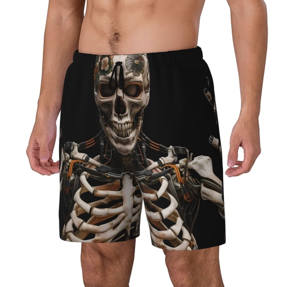 Rateoe Cyber Skeleton With Tattoos Pattern Men’s Swim Shorts with Compression Liner – Double-Layered Quick-Dry Swimwear, Comfortable & Stretchy Beach Shorts-Small