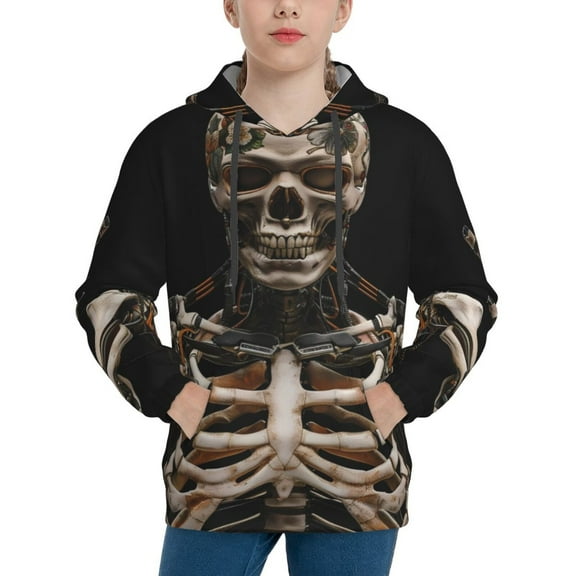 Rateoe Cyber Skeleton With Tattoos Pattern Boys Hoodie, Youth Pullover Hooded Sweatshirt, Kangaroo Pocket Hoodie for Kids-Large