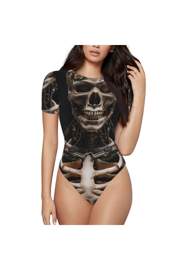 Cyber Skeleton With Tattoos Printed Women Rash Guard Short Sleeve,Tummy control Swimsuit Surfing Swimsuit Bathing Suit Short-sleeved Onesie UPF 50+ -Large