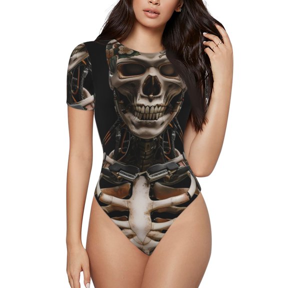 Rateoe Cyber Skeleton With Tattoos Printed Women Rash Guard Short Sleeve,Tummy control Swimsuit Surfing Swimsuit Bathing Suit Short-sleeved Onesie UPF 50+ -Large