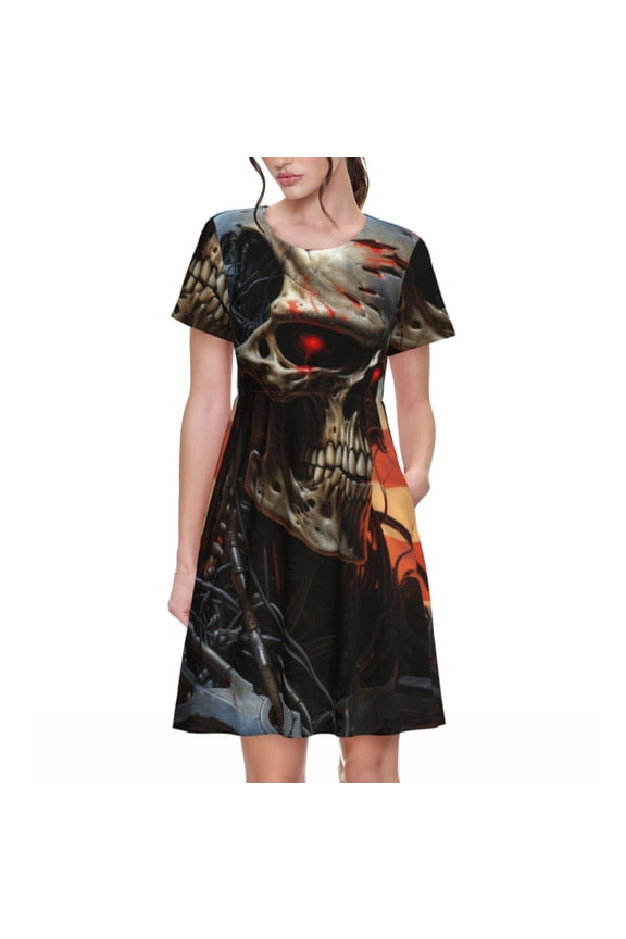 Cyberpunk Skull American Flag Pattern Women’s Short Sleeve Dress – Casual Elegant Summer A-Line Dress for Everyday Wear