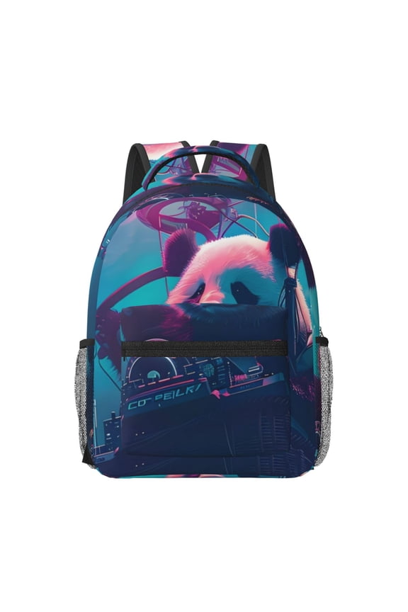 DJ Panda Hot Air Balloon Pattern Durable Student Backpack Laptop Bag- Ergonomic Design, Waterproof Twill Fabric - Ideal for School, Travel, and Outdoor Activities-One Size