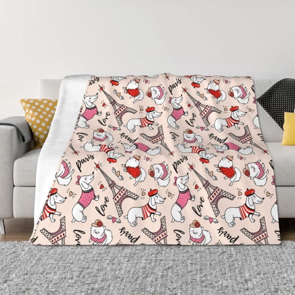Rateoe Dachshund And Eiffel Tower Pattern Flannel Throw Blanket, Ultra-soft Blanket for Bed, Couch, Car, Hypoallergenic Anti-pilling blanket-80"x60"(Horizontal)