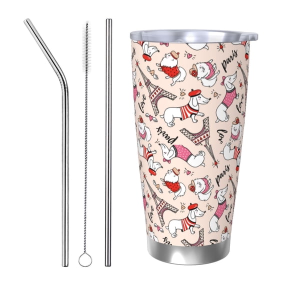 Rateoe Dachshund And Eiffel Tower Printed Car Guy Gifts for Men Women Tumbler - 20oz/590ml Double Wall Vacuum Insulated Stainless Steel Travel Tumbler Cups with Lid & Straw-Straw Three-piece Set