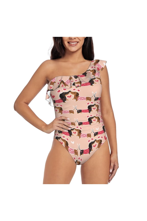 Dachshund Couple Pattern Women One Piece Swimsuits Tummy Control One Shoulder Bathing Suits Ruffle Swimwear-
