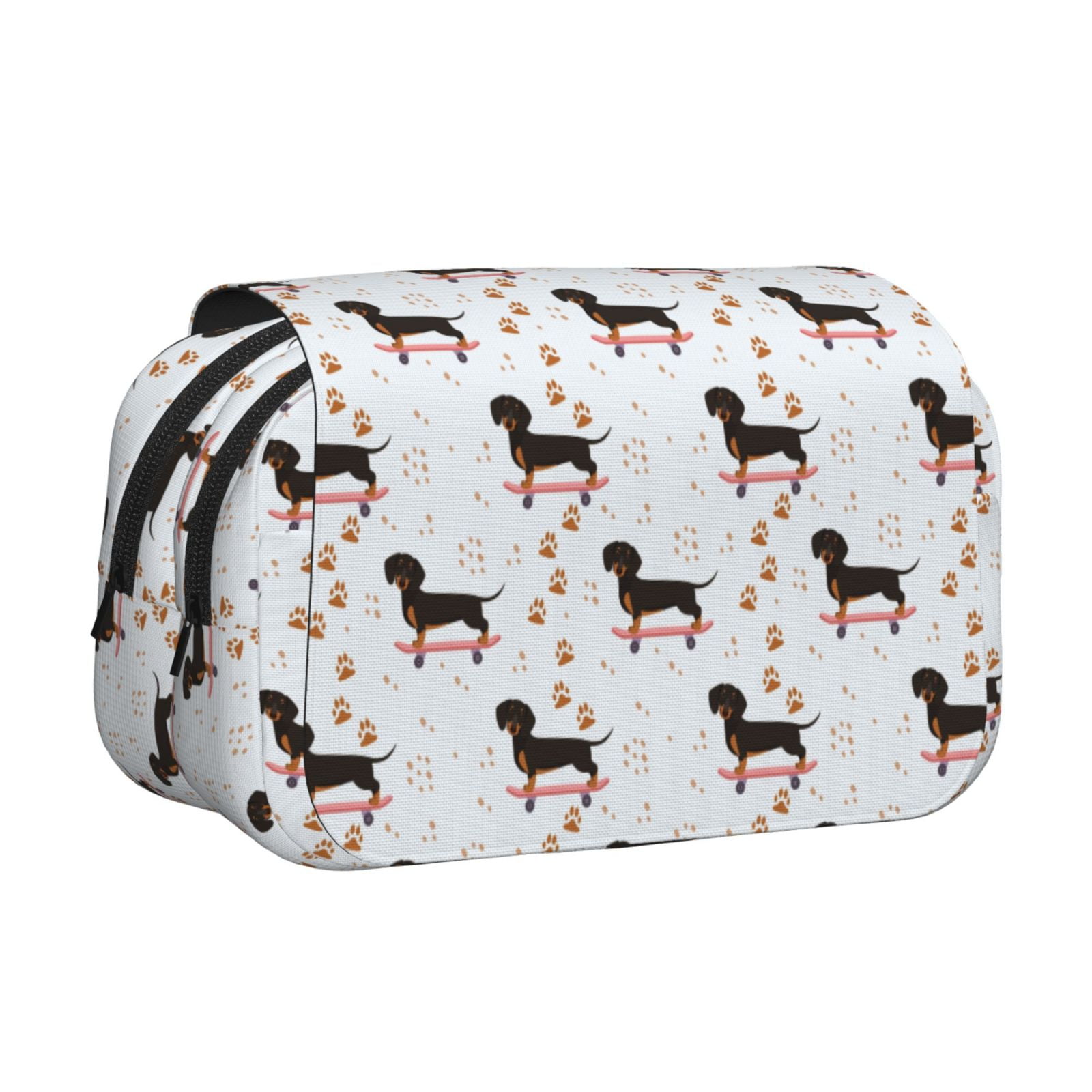 Rateoe Dachshund Dog Pattern Double Clamshell Pen Case, Storage Organizer with Two Zipper Compartments– Holds Up to 50 Pencils & Pens