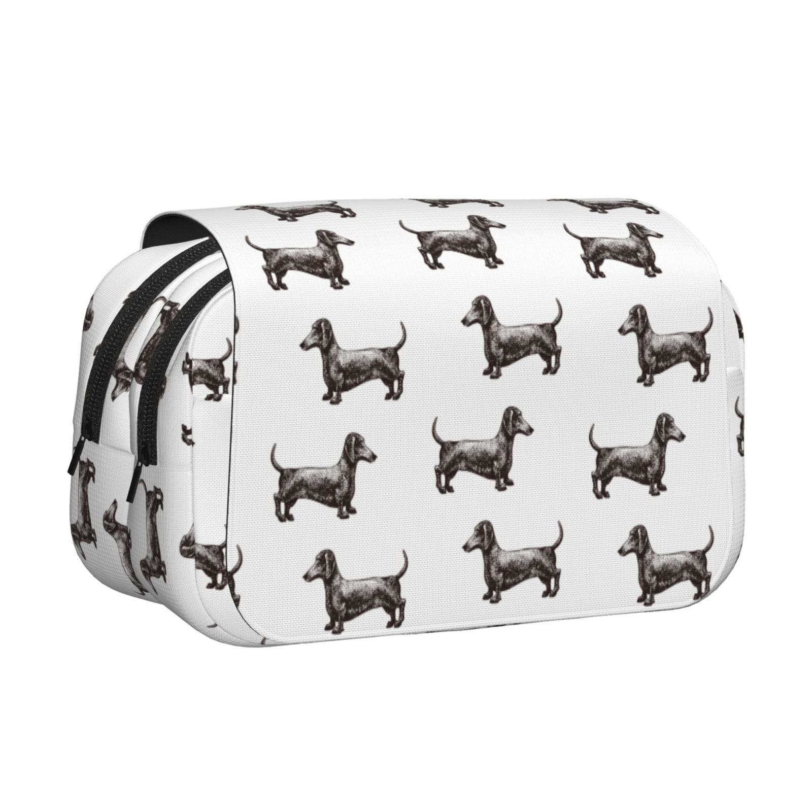 Rateoe Dachshund Dog Puppy Pattern Double Clamshell Pen Case, Storage Organizer with Two Zipper Compartments– Holds Up to 50 Pencils & Pens