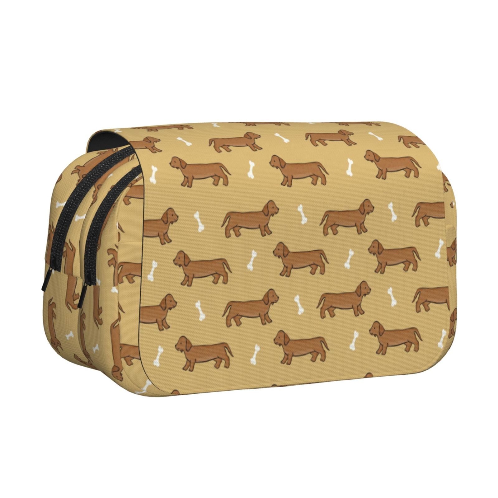 Rateoe Dachshund Dog Puppy Pattern Double Clamshell Pen Case, Storage Organizer with Two Zipper Compartments– Holds Up to 50 Pencils & Pens