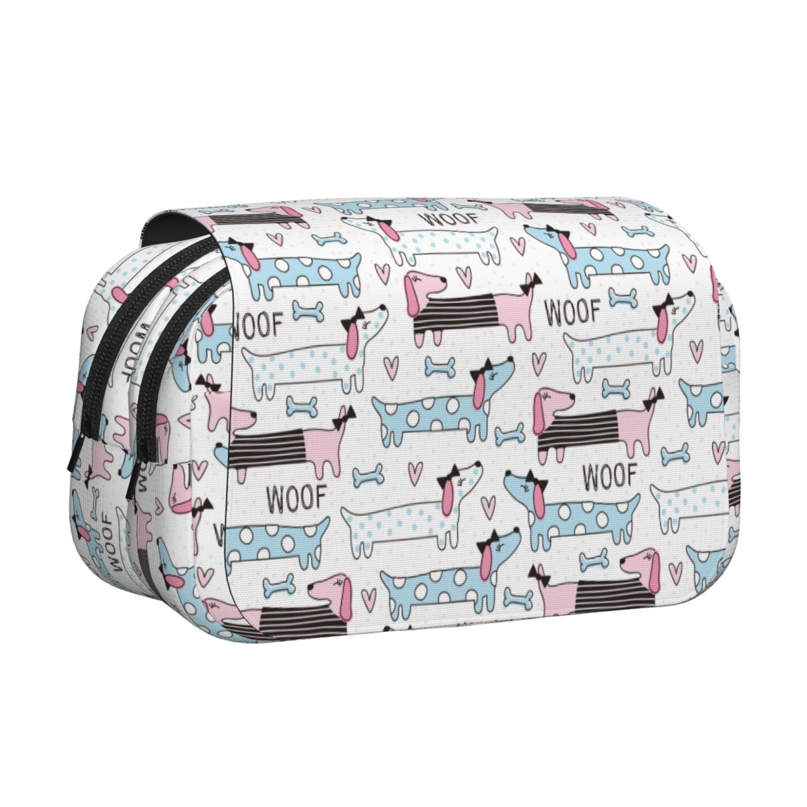 Rateoe Dachshund Dog Puppy Pattern Double Clamshell Pen Case, Storage Organizer with Two Zipper Compartments– Holds Up to 50 Pencils & Pens