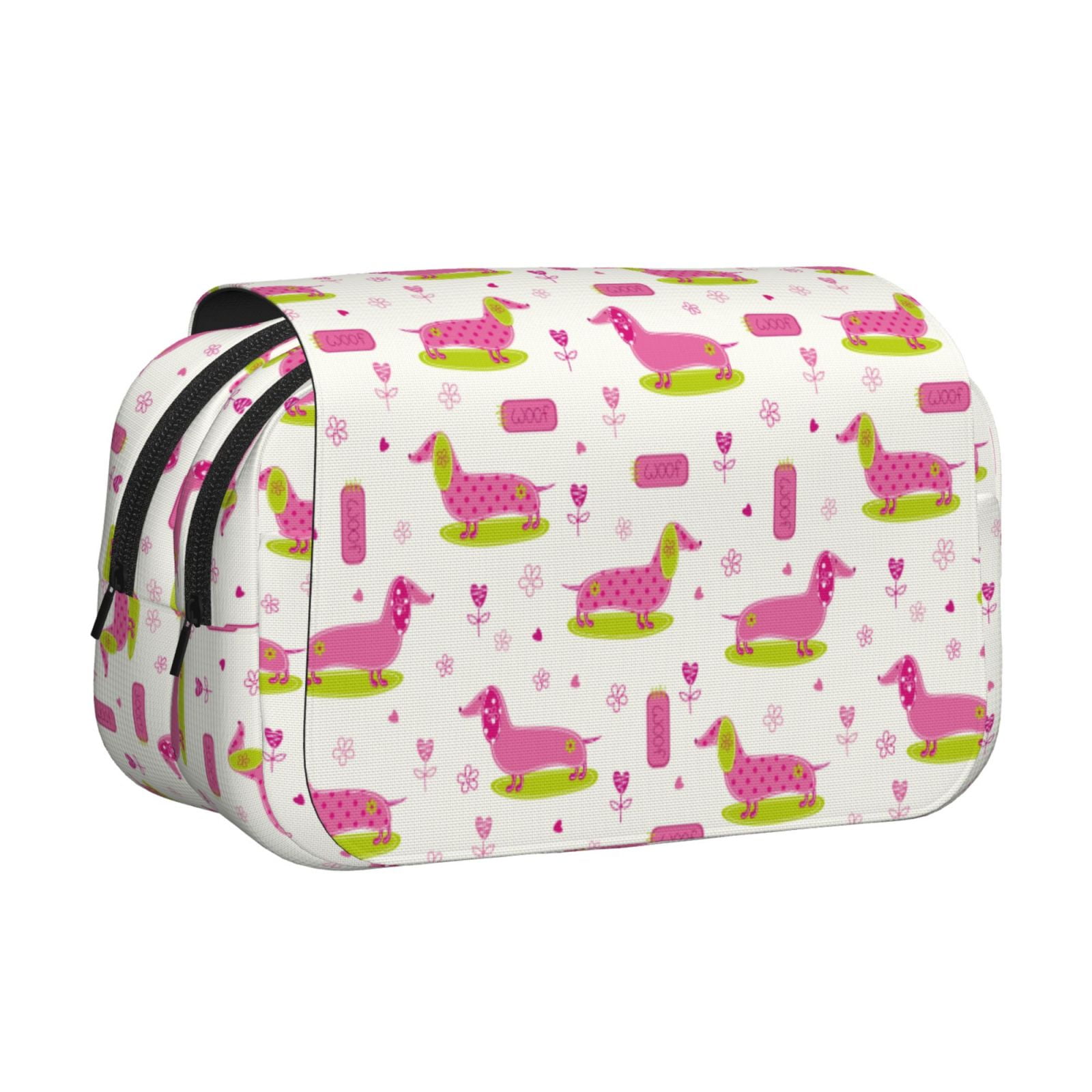 Rateoe Dachshund Dog Puppy Pattern Double Clamshell Pen Case, Storage Organizer with Two Zipper Compartments– Holds Up to 50 Pencils & Pens