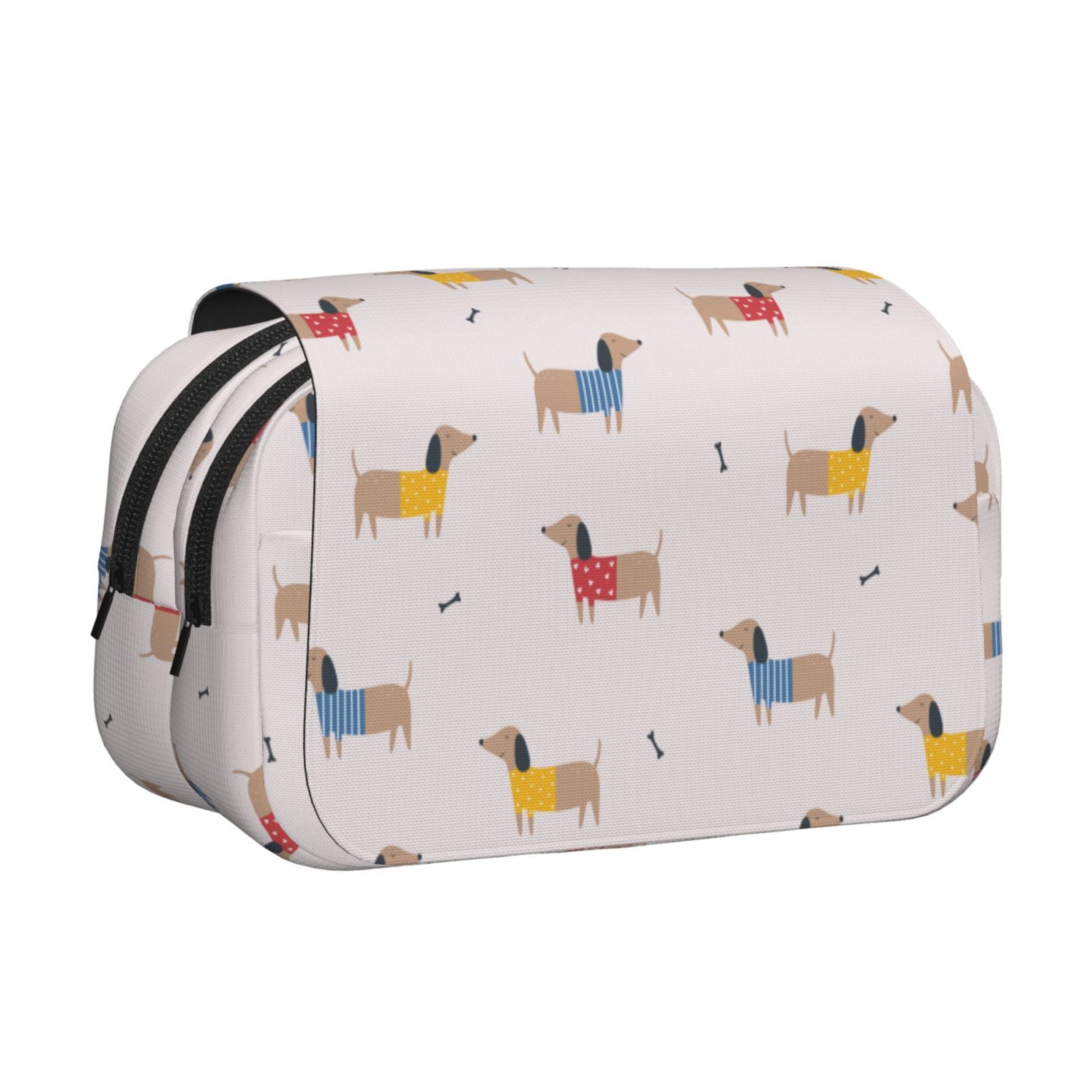 Rateoe Dachshund Dog Puppy Pattern Double Clamshell Pen Case, Storage Organizer with Two Zipper Compartments– Holds Up to 50 Pencils & Pens