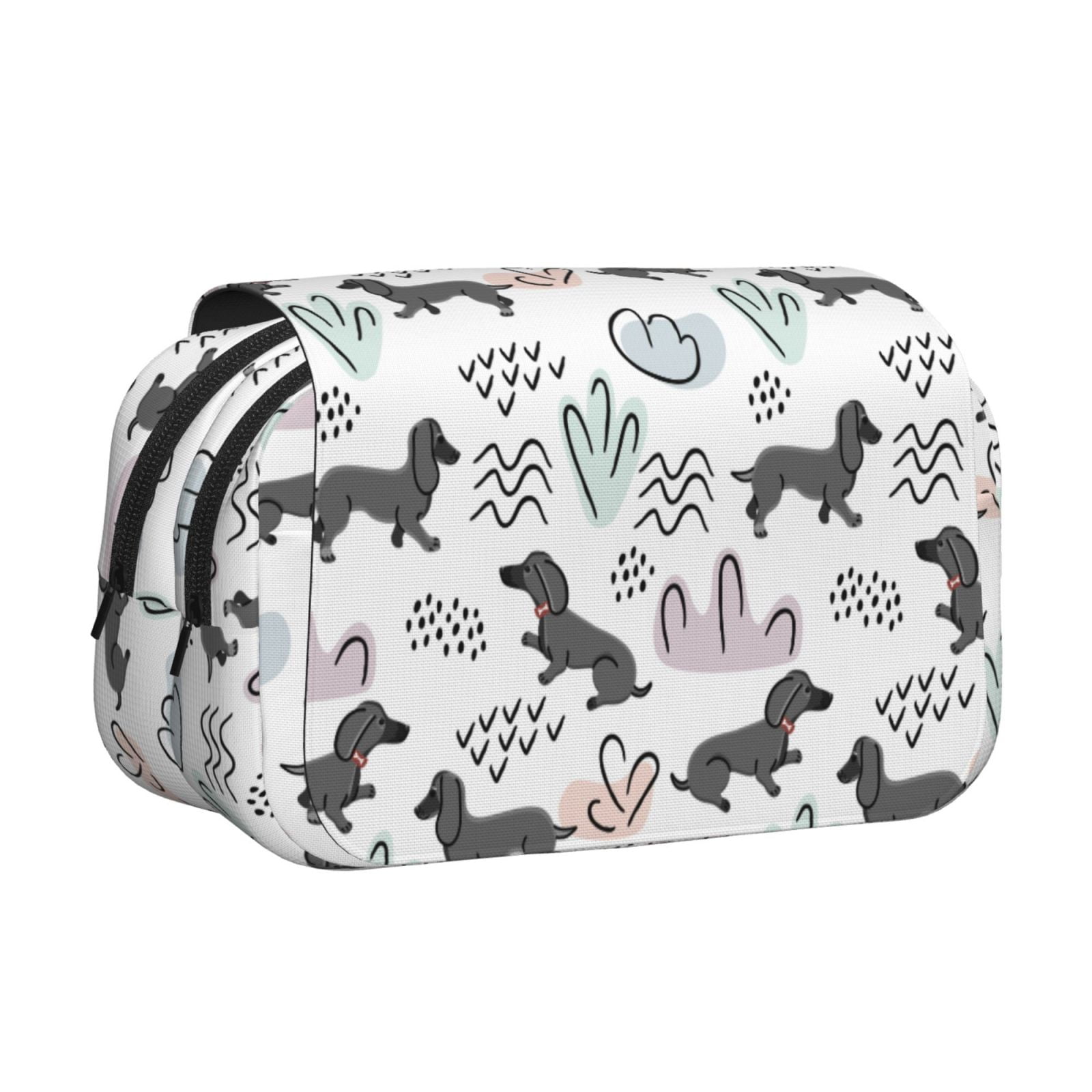 Rateoe Dachshund Dog Puppy Pattern Double Clamshell Pen Case, Storage Organizer with Two Zipper Compartments– Holds Up to 50 Pencils & Pens