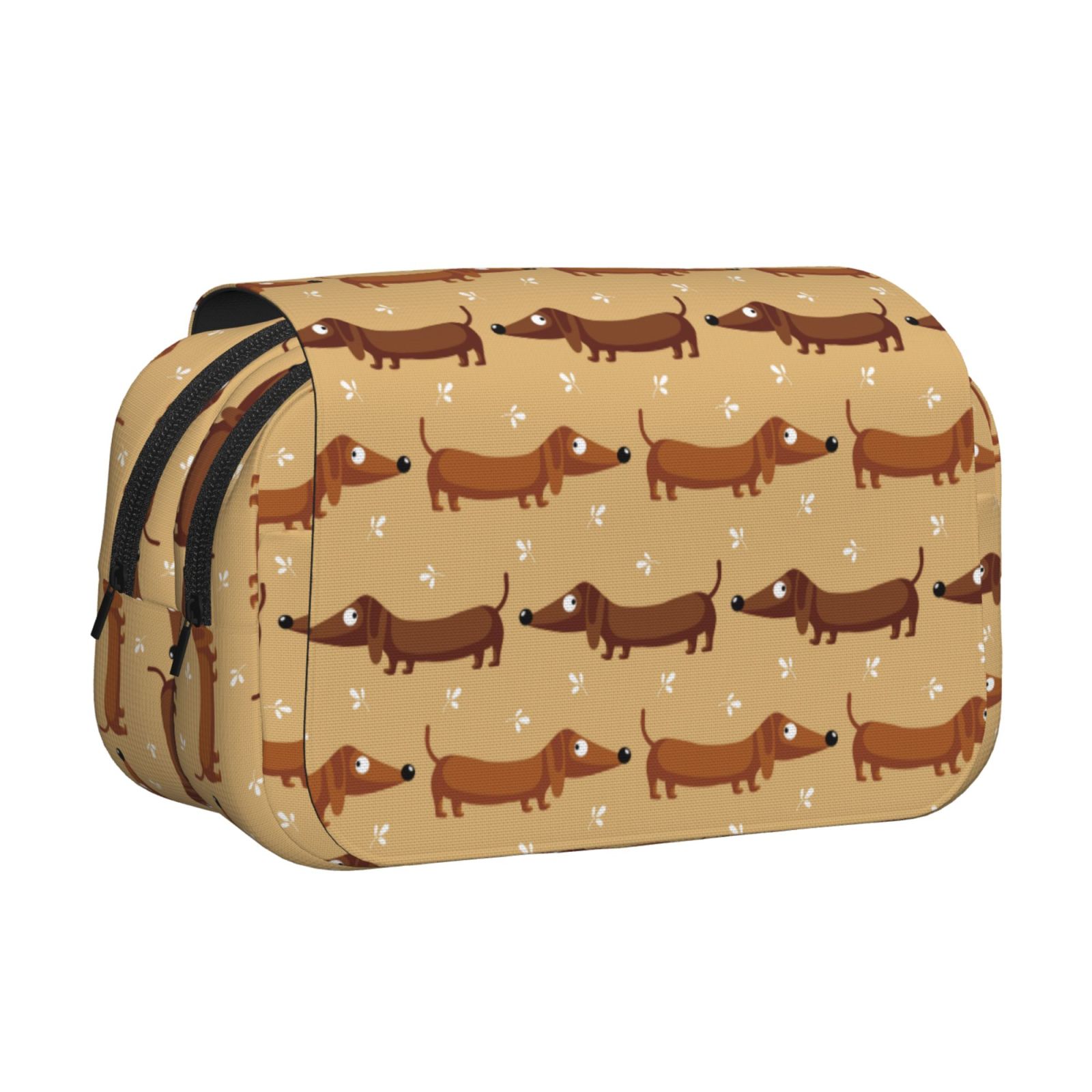 Rateoe Dachshund Dog Puppy Pattern Double Clamshell Pen Case, Storage Organizer with Two Zipper Compartments– Holds Up to 50 Pencils & Pens