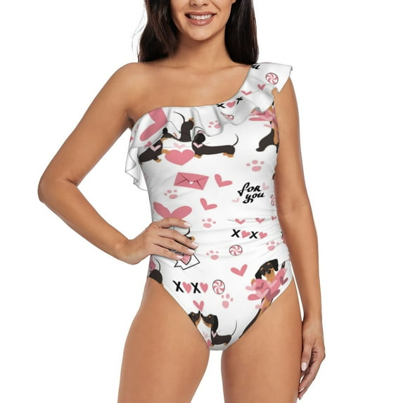 Rateoe Dachshund Dog Puppy Pattern Women One Piece Swimsuits Tummy Control One Shoulder Bathing Suits Ruffle Swimwear-X-Large
