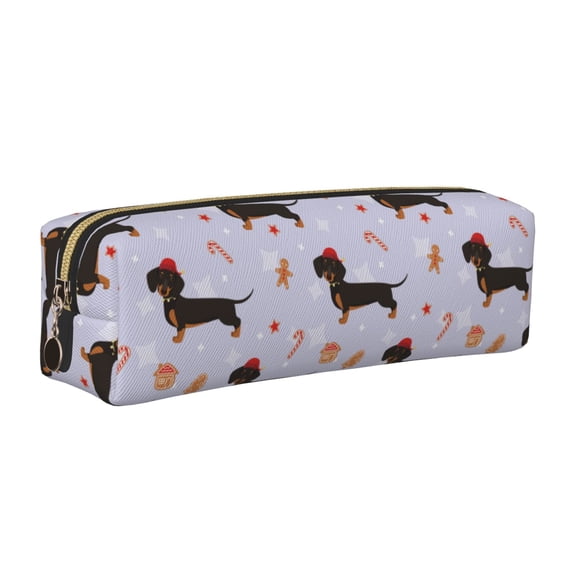 Rateoe Dachshund Dog Puppy Print Leather Pencil Case with Smooth Zipper, Compact Storage for Writing Tools & Art Supplies, 8.26" x 1.96" x 2.16"