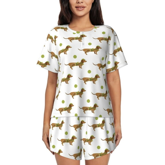 Rateoe Dachshund Going To Play Tennis Pattern Women's Short-Sleeved Pajama Set - 2 Piece Soft and Lightweight Sleepwear Set-X-Large