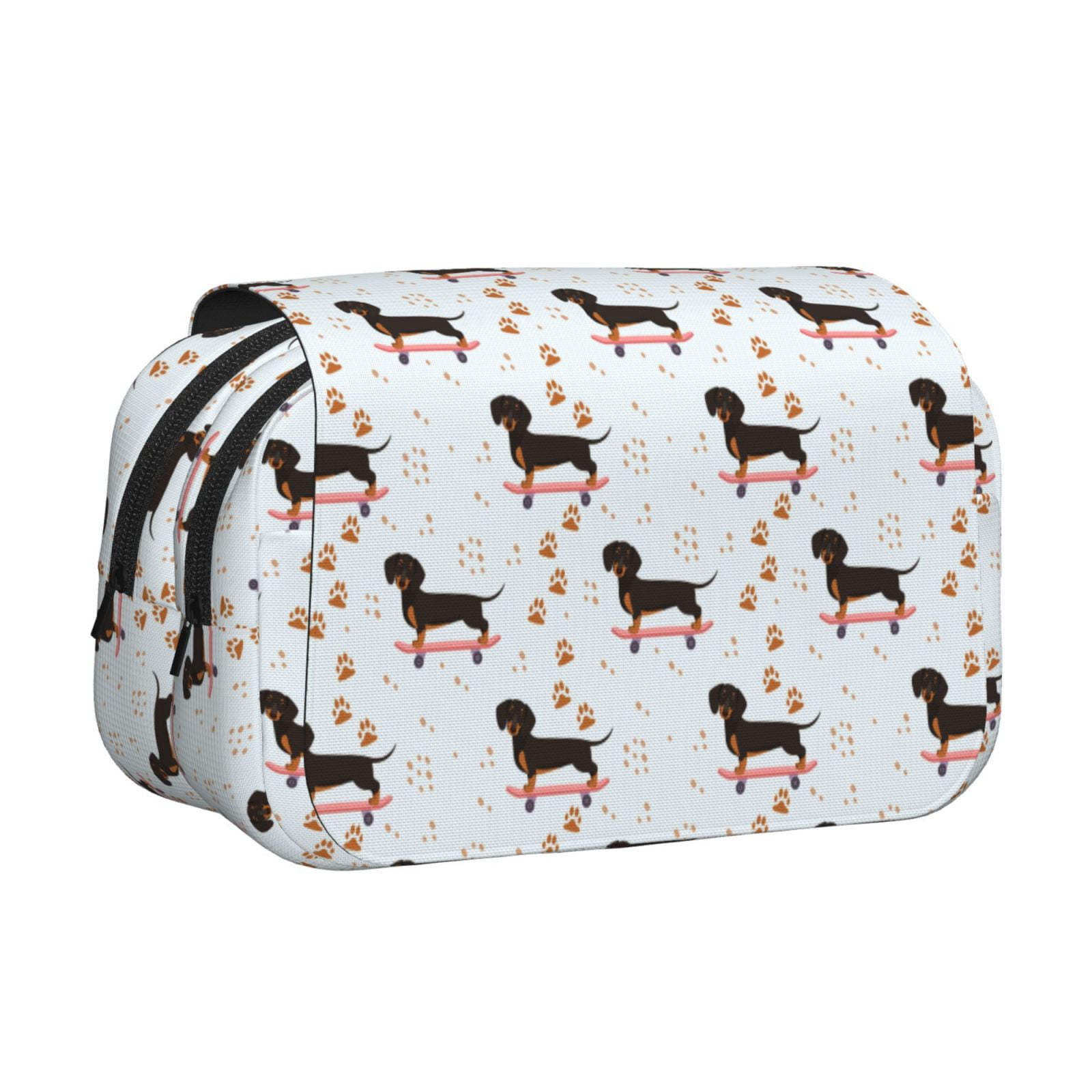 Rateoe Dachshund On A Skateboard Pattern Double Clamshell Pen Case, Storage Organizer with Two Zipper Compartments– Holds Up to 50 Pencils & Pens