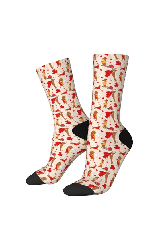 Dachshunds dogs pulls a hearts for Women Casual Calf Socks - Cute Crew Socks - Thin Soft Above Ankle Socks Size 5-11