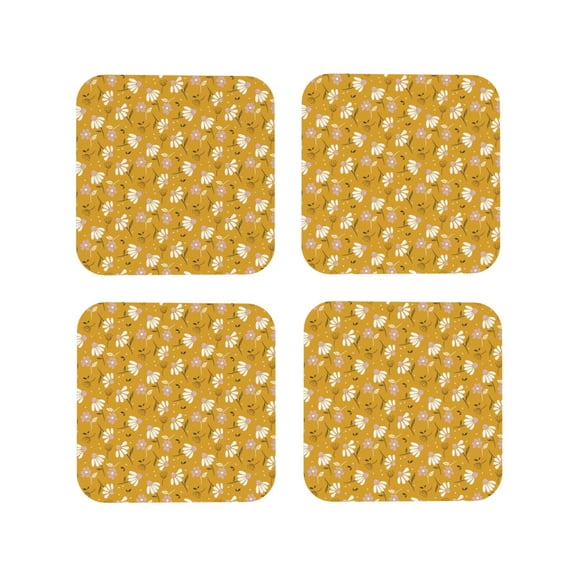 Rateoe Daisies Flowers Drawing Drink Coasters Set of 4 Leather Coasters Spill Protection for Table Desk,Durable and Non Slip Leather Coaster ,4 Inches Drink Mats-Square