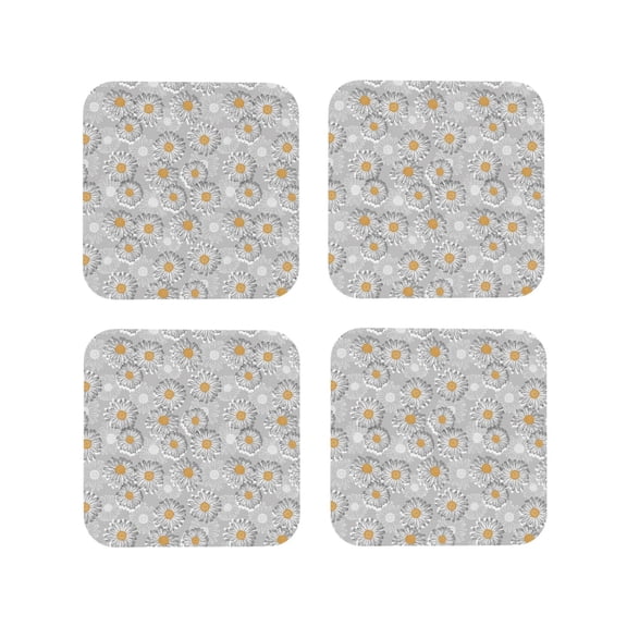Rateoe Daisies Flowers Drawing Drink Coasters Set of 4 Leather Coasters Spill Protection for Table Desk,Durable and Non Slip Leather Coaster ,4 Inches Drink Mats-Square