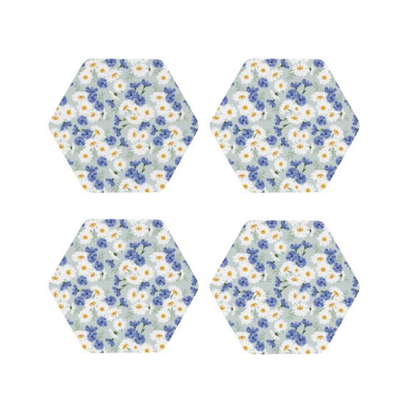 Rateoe Daisies Flowers Drawing Drink Coasters Set of 4 Leather Coasters Spill Protection for Table Desk,Durable and Non Slip Leather Coaster ,4 Inches Drink Mats-Hexagon