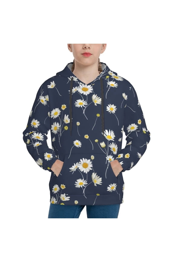 Daisies Flowers Pattern Boys Hoodie, Youth Pullover Hooded Sweatshirt, Kangaroo Pocket Hoodie for Kids-Large
