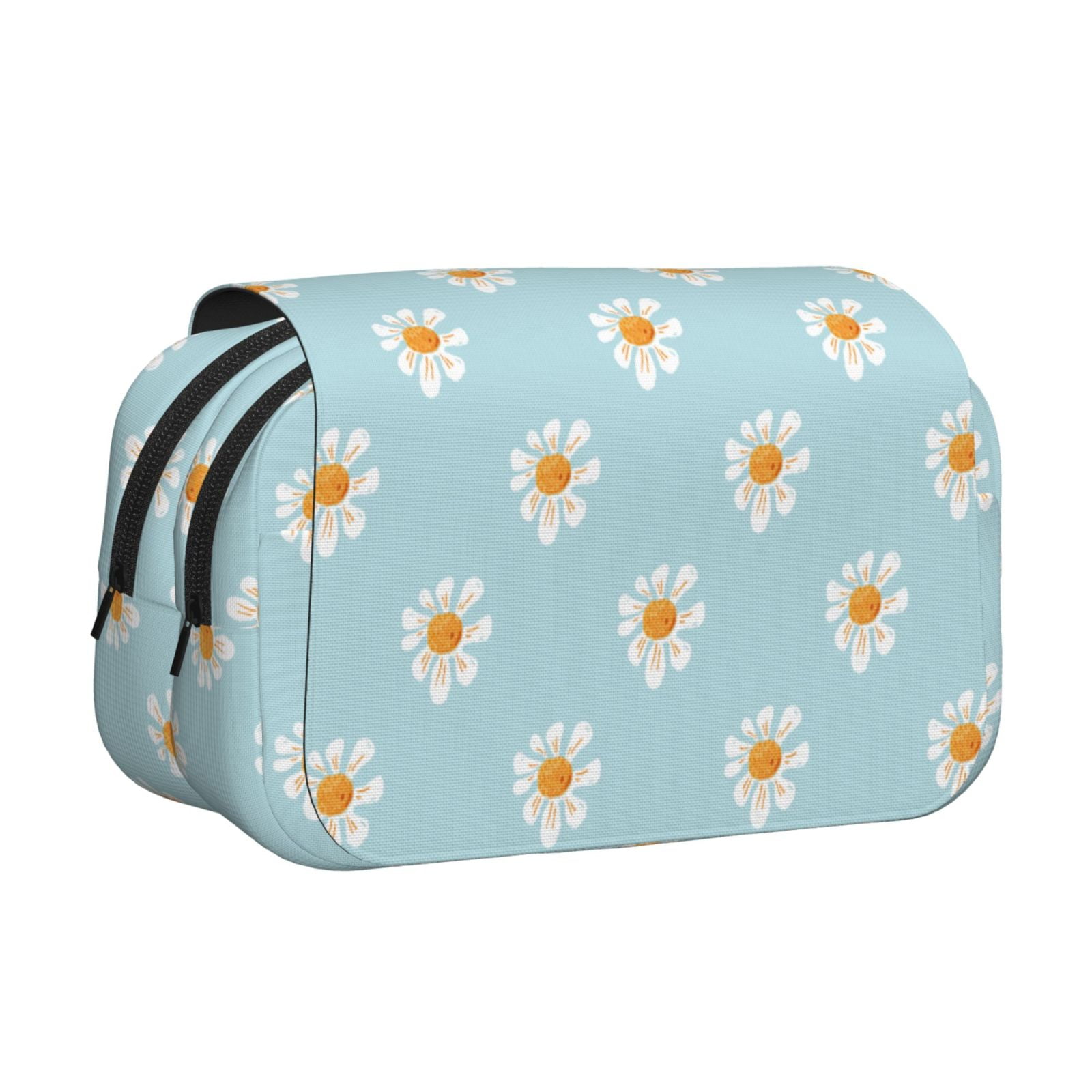 Rateoe Daisies Flowers Pattern Double Clamshell Pen Case, Storage Organizer with Two Zipper Compartments– Holds Up to 50 Pencils & Pens