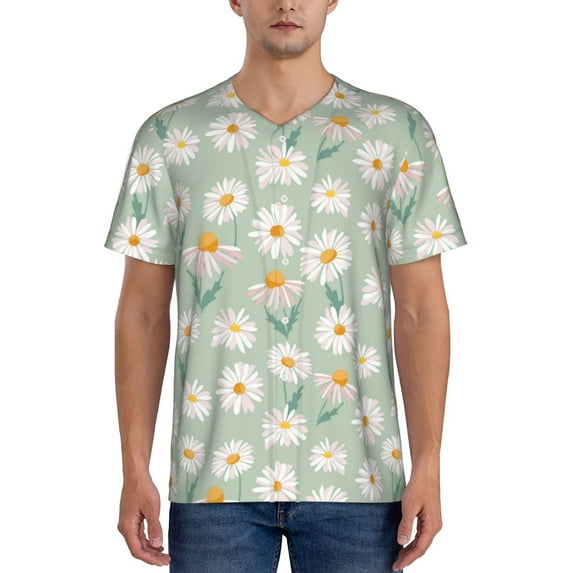 Rateoe Daisies Flowers Pattern Men’s Baseball Short Sleeve Polo Shirt, Midweight Men's Shirt Golf Shirt Polo Shirts Quick Dry Short-4X-Large