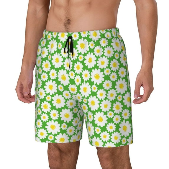 Rateoe Daisies Flowers Pattern Men’s Swim Shorts with Compression Liner – Double-Layered Quick-Dry Swimwear, Comfortable & Stretchy Beach Shorts-Large