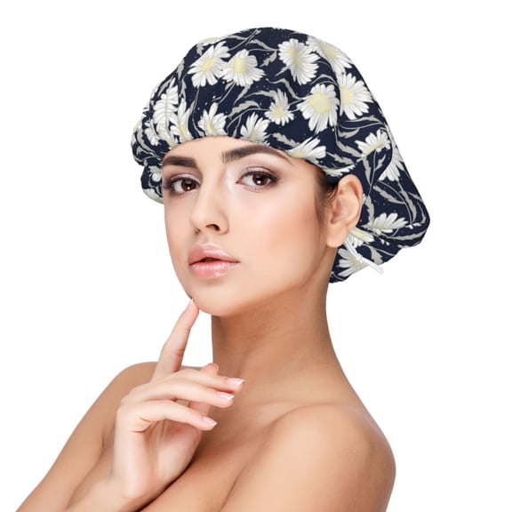 Rateoe Daisies Flowers Pattern Silk Satin Hair Bonnet for Sleeping, Adjustable Sleep Cap Turban for Women , Curly Straight Hair Long Large Braid