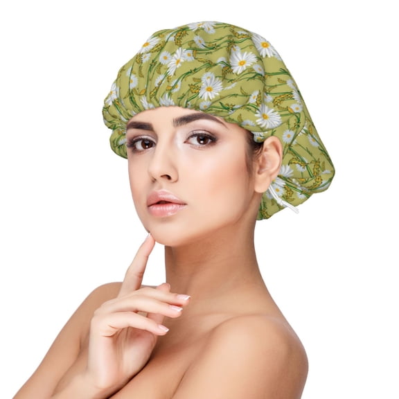 Rateoe Daisies Flowers Pattern Silk Satin Hair Bonnet for Sleeping, Adjustable Sleep Cap Turban for Women , Curly Straight Hair Long Large Braid
